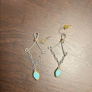 Elegant Silver and Gold Dangle Earrings with Blue Stone